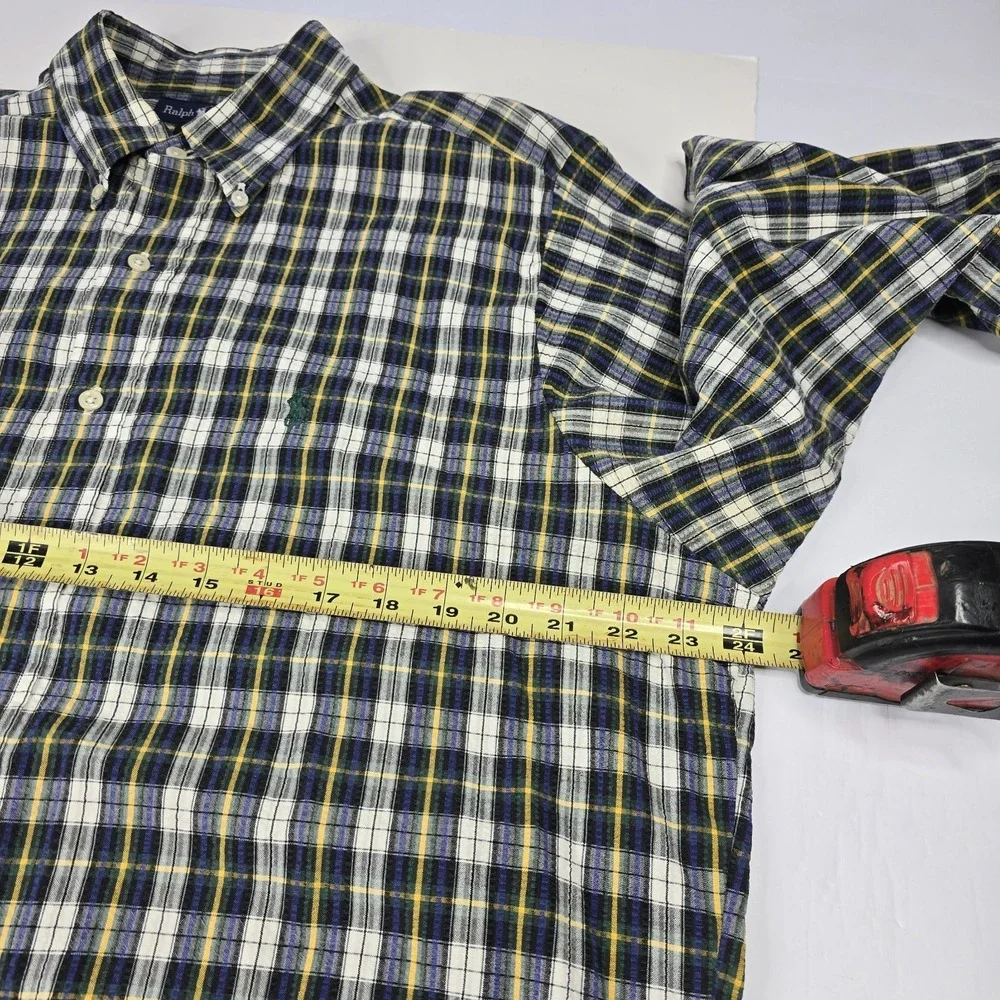 VTG POLO RALPH LAUREN Men L Plaid SEERSUCKER Button-Up‎ Shirt GREEN PONY Golf